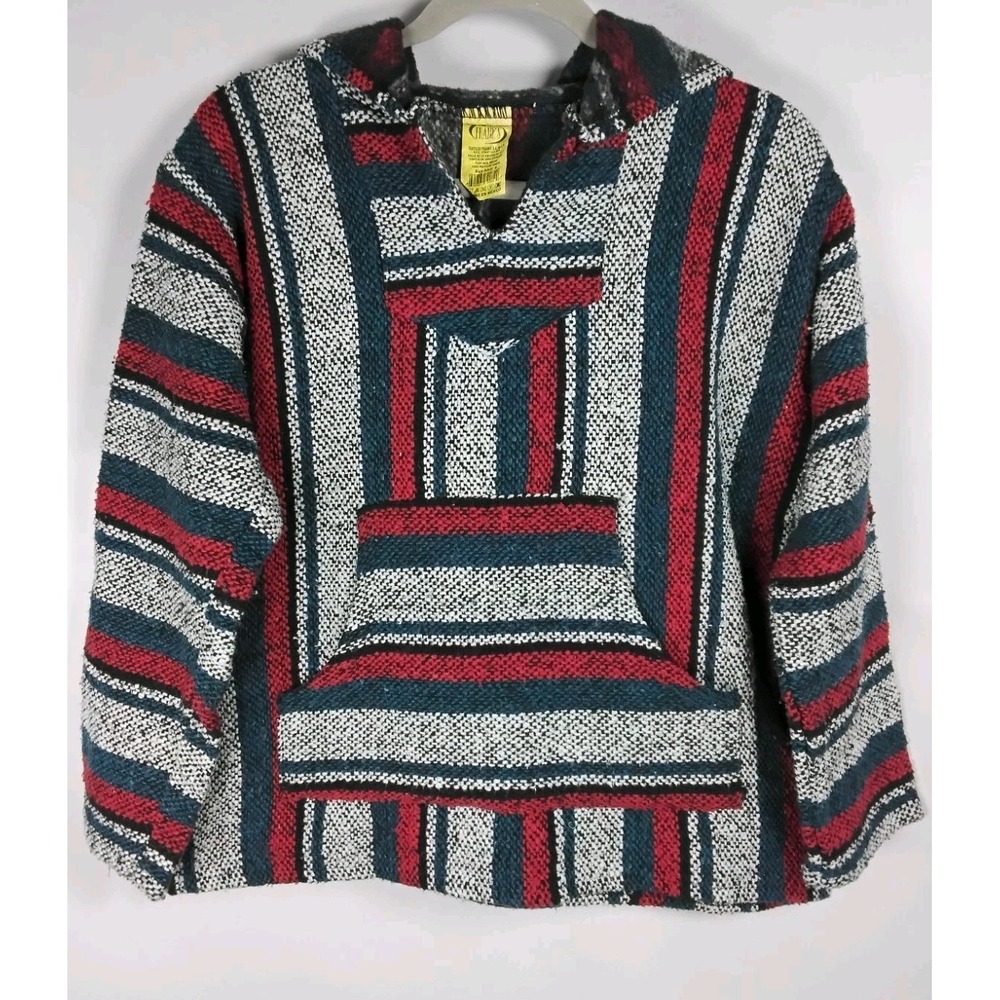 Franks Textiles Mexican Poncho Hoodie‎ Adult Small Red Blue Baja Hippie Hoodie